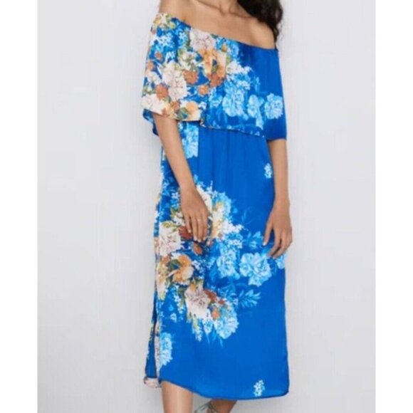 Zara Dress Women S Floral Blooms Off the Shoulder Side Slit Midi Travel Summer - Picture 1 of 15